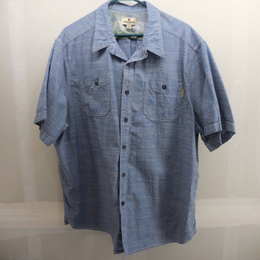 Woolrich Mens XXL Blue Cotton Short‎ Sleeve Button Down Shirt Workwear Light
